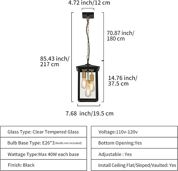 Large Outdoor Light Fixture,Pendant Light with Clear Glass Shade,3-Light Black&Gold Exterior Hanging Lantern for Front Porch Entrance Foyer Entryway (Bulb Not Included)