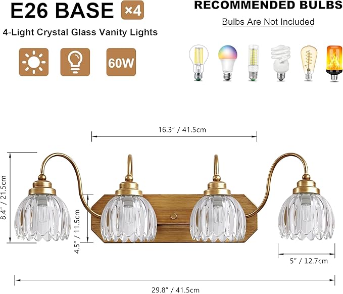 Gold Vanity Light, Vintage Bathroom Light Fixtures, 4-Light Matte Antique Brass Finish with Crystal Glass Shade, Mid Century Style Wall Sconces for Bedroom, Living Room