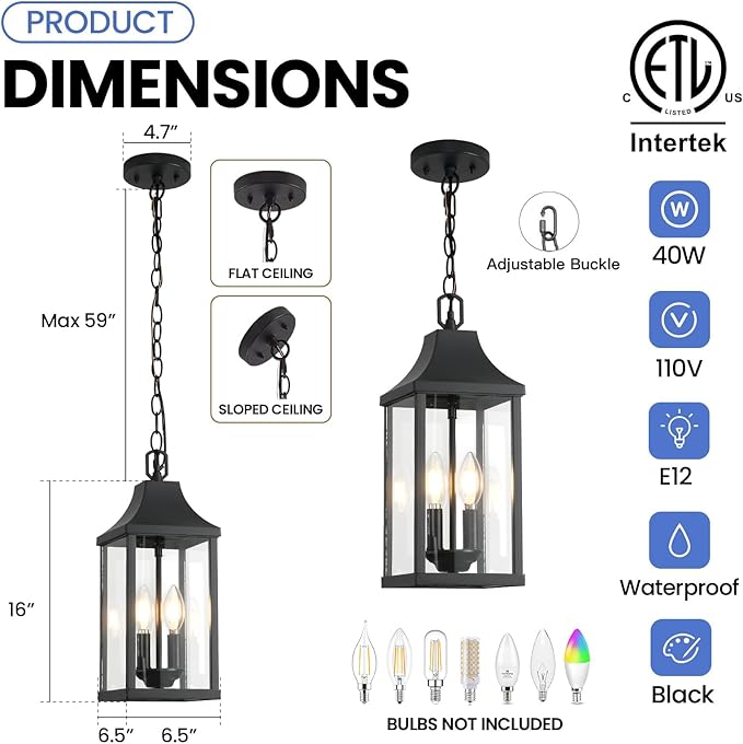 Outdoor Pendant Light Fixtures, 16'' Exterior Hanging Lantern Porch Light, Black Adjustable Hanging Lamp Farmhouse Exterior Chandelier Ceiling Mount for Entrance Patio