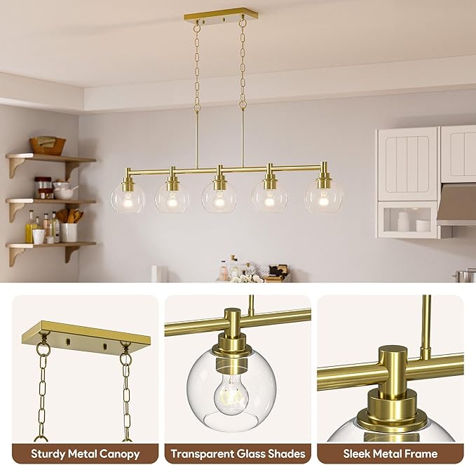 VONLUCE Dining Room Light Fixture Over Table, 5-Light Kitchen Island Lighting with Round Glass Shades & Adjustable Hanging Heights, Linear Chandlier for Dining Room Kitchen, Gold, ETL Certificated