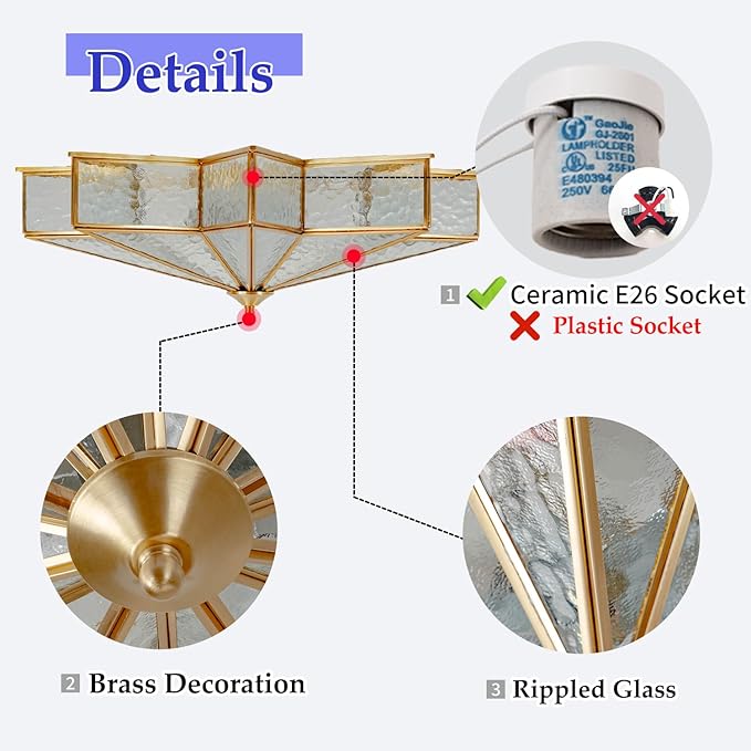 Brass Flush Mount Ceiling Light with Ceramic Light Socket, Star Shaped Ceiling Light Fixture, Mid Century Glass Ceiling Mount Lamp for Bedroom, Living Room Dining Room (Rippled Glass, 23.6")