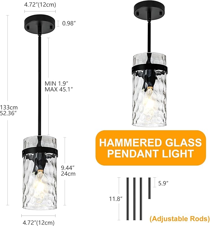 3 Pack Black Pendant Lights Kitchen Island, Hammered Glass Pendant Lighting Over Island, Kitchen Hanging Light Fixtures Pendant Light Over Sink for Kitchen Entryway Foyer Dining Room