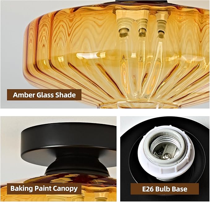Glass Semi Flush Ceiling Lights - 12 in Vintage Mid Century Modern Lighting Fixture - Drum Unique Art Deco Amber Mount Light Fixtures for Hallway Entry Way Hall Kitchen Dining Laundry Room Foyer Porch