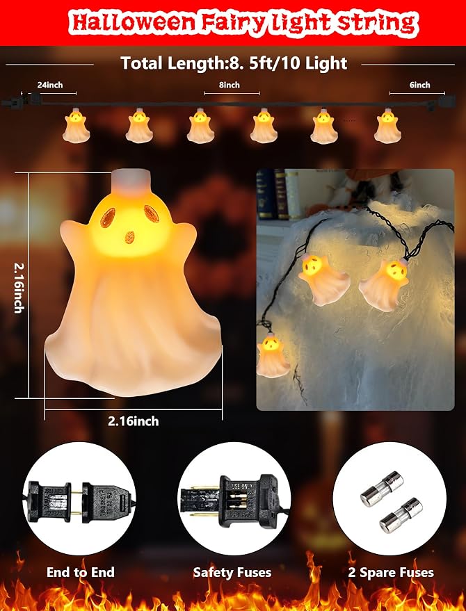 Halloween Ghost Lights,8.5Ft Halloween Fairy Decorations Lights with 10 LED White Ghost Lamp Waterproof UL Listed for Indoor Bedroom Patio Backyard Camping Desk Party Decor