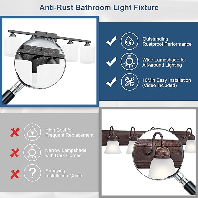 Black Bathroom Lighting Fixtures Over Mirror, 5-Light Anti-Rust Vanity Light for Bathroom, 28.34Inches Modern Wall Sconce, Standard E26 Base, Milky White Glass Shades, Bulbs Not Included