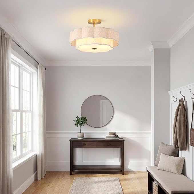 Modern Semi Flush Mount Ceiling Light ,17.7" Modern Gold Drum Ceiling Lighting Fixture with Linen Shade ,3-Light Vintage Lamp for Living Room, Bedroom, Kitchen, Dining Room, Hallway, Entryway
