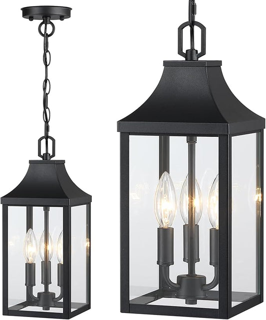 15'' Large Outdoor Pendant Light Fixtures 3-Light, Exterior Hanging Lantern Porch Light Adjustable, Black Hanging Lamp Farmhouse Exterior Chandelier Ceiling Mount for Entrance Patio