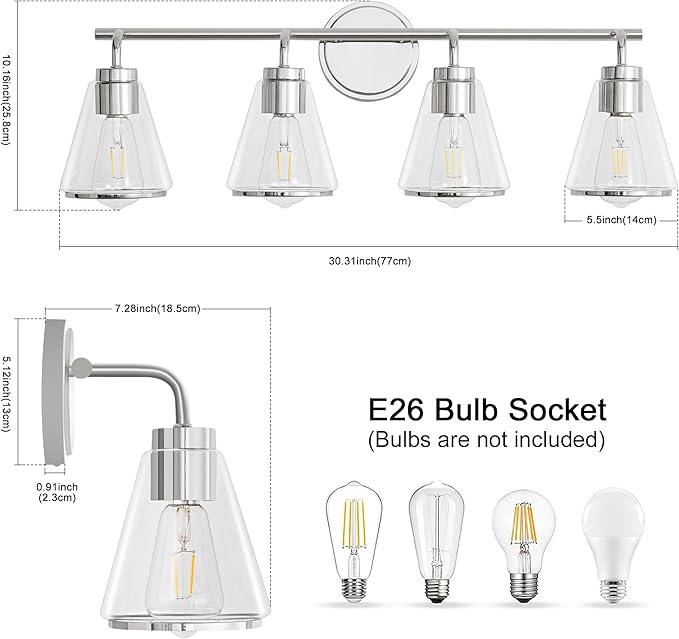 Polished Nickel Bathroom Light Fixtures 4 Light Bathroom Vanity Lights Over Mirror with Clear Glass Shade, 30 Inch Vanity Lights for Bath-Room Modern Wall Sconce Lighting (Exclude E26 Bulb)