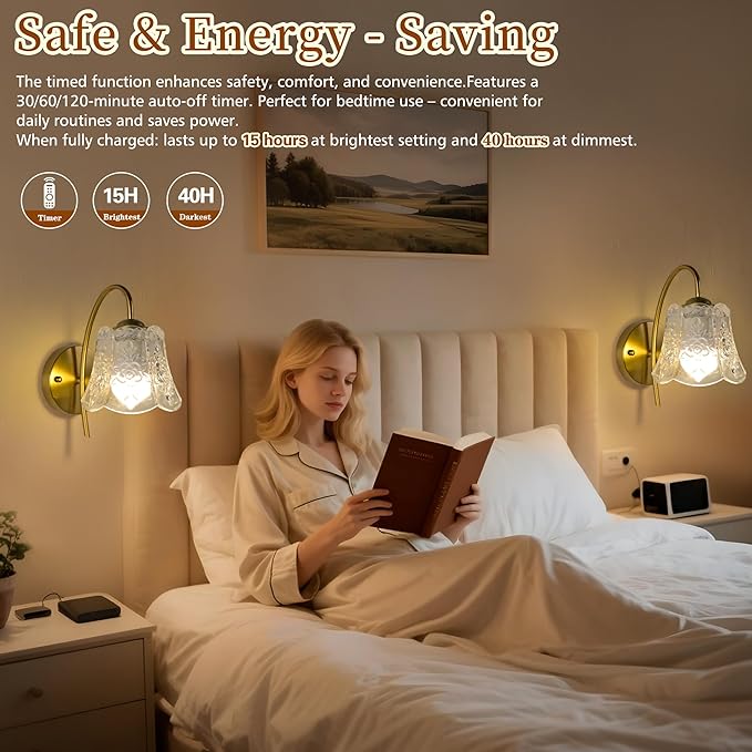 Wireless Wall Sconce with Flower lampshade, Battery Operated Wall Lights,Wall lamp with 15 Colors for Bedroom Living Room Home Decor (Clear Flower, 2 Light Battery Operated)