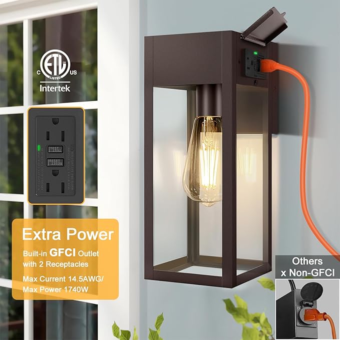 Porch Lights Outdoor Wall Sconce, Outdoor Light with GFCI Outlet, Waterproof Exterior Wall Lantern Light Fixtures, Anti-Rust Wall Lamp for Patio Doorway Garage- Bronze, 1 Pack
