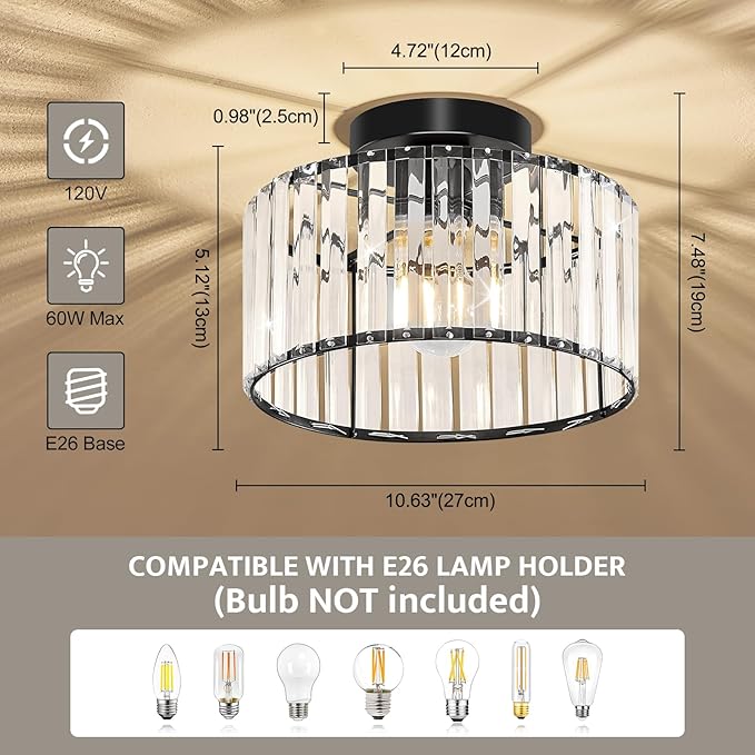 Modern Ceiling Light, Crystal Hallway Semi Flush Mount Ceiling Lighting Fixture, Black Metal Close to Ceiling Lamp for Bathroom Entryway Bedroom Porch Kitchen Living Room