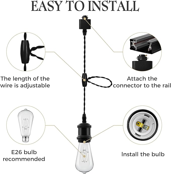 Universal H-Type Pendant Track Lights Kit with 3 Bulbs,3-Pack Black Track-Mounted Hanging Fixtures 4000K Natural Light Bulbs, E26 Socket for Kitchen Island and Dining Room