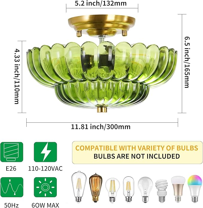 Semi Flush Mount Ceiling Light Fixture Vinatge Gold Ceiling Lights Mid Century Modern Green Glass Close to Ceiling Lighting Fixtures for Bedroom Hallway Foyer Bathroom Kitchen Laundry Room Nursery