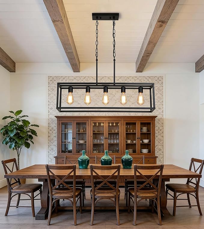 Black Dining Room Light Fixture,5 Light Rectangle Chandelier for Dining Room,Modern Farmhouse Light Fixture for Kitchen Island,Linear Light for Bedroom,Hallway,Foyer,Adjustable Height