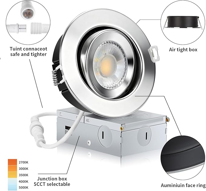 KnLnny Ware Chrome 4 Inch Gimbal Recessed Lights 6 Pack, Ajustable Eyeball Recessed Lighting, Spot Lights Indoor with Junction Box, 5CCT Selectable,9W 750LM,Dimmable