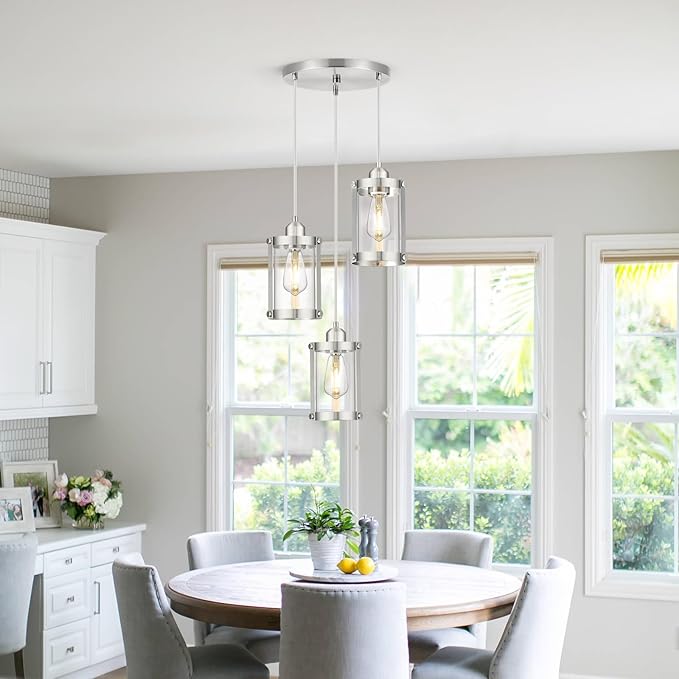 3-Light Pendant Lighting, Brushed Nickel Dining Room Chandelier Light Fixture Over Table with Clear Glass, Modern Cluster Hanging Lights for Kitchen Island Sink, OS-3014-3BN