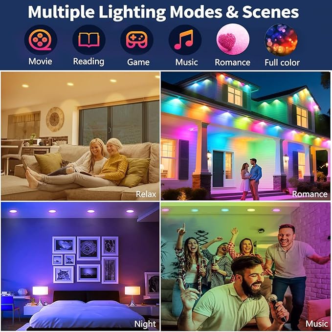 10 Pack LED Recessed Lighting 6 inch, RGBCW Recessed Ceiling Lights Compitable with Alexa, 2700K-6000K Dimmable 1350LM LED Recessed Lights with Junction Box, 16 Million Colors, Timer