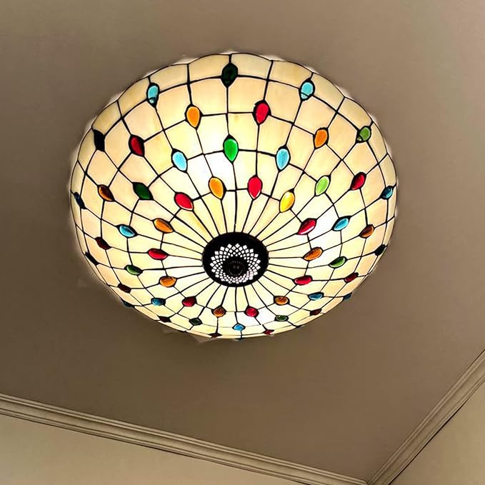 Tiffany Flush Mounts Ceiling Lights,Peacock Blue Crystal Beads Stained Glass Lampshade Ceiling Lamp for Kitchen Dining Room Livingroom Bedroom Ceiling Chandeliers Pendant Light,Multicolor,21in