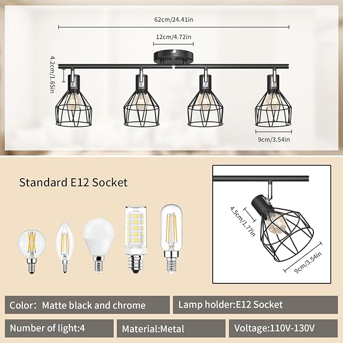 GORDNWE 4-Light Kitchen Track Lighting, Adjustable Metal Wire Cage Ceiling Light with E12 Base, Track Lighting Fixtures Black Farmhouse Ceiling Light Fixture Fits for Bedroom Living Room