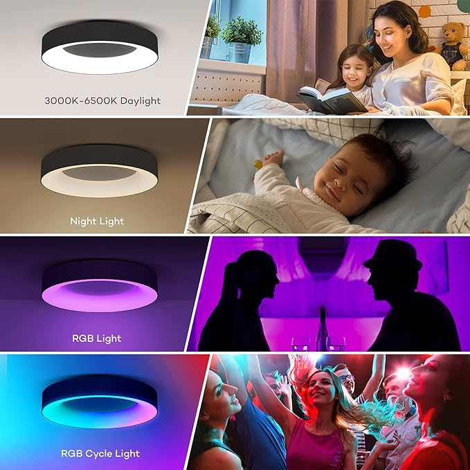 Annaror RGB Led Flush Mount Ceiling Light with Remote Control, 11 Inch 24W Black Ceiling Light Fixture, 3000K-6500K Light Color Changeable, Modern Ceiling Lights for Bedroom Kids Room