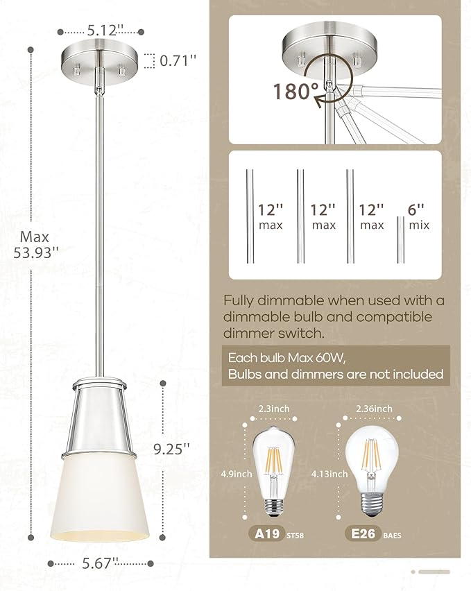 Beionxii 2 Pack Pendant Lights Kitchen Island, Brushed Nickel Pendant Lights 2 Pack, Kitchen Pendant Lighting Over Island, Pendant Lighting for Kitchen Island Sink, Milk Glass Shade, BX-PL01BN-2PK