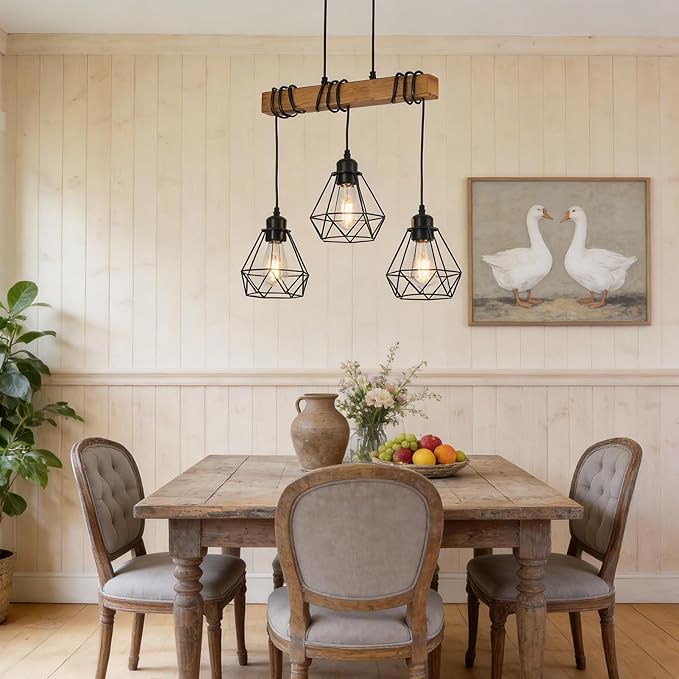 3-Lights Farmhouse Dining Room Pendant Light Fixtures Over Table, Rustic Solid Wood Kitchen Island Lighting Hanging with Metal Shades, Modern Black Ceiling Lamp for Living Room Hallway