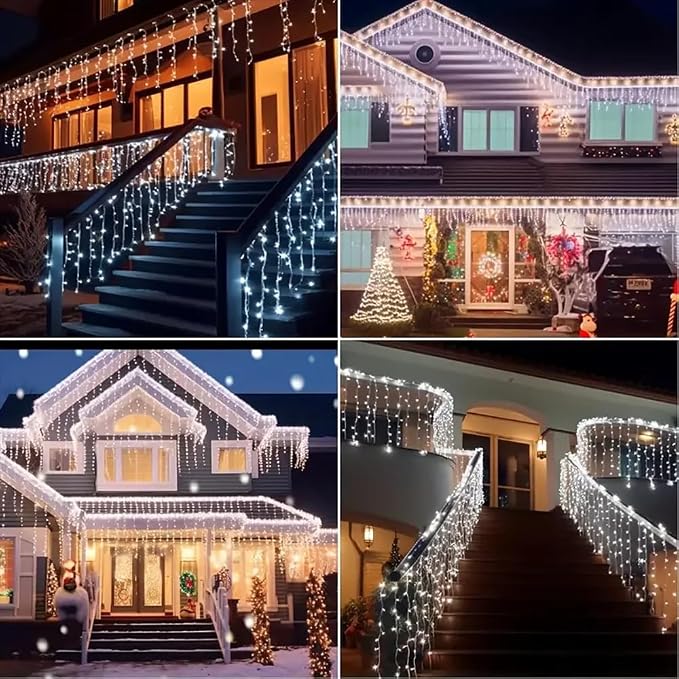 Sherno 1Pcs LED Solar String, 8 Modes Icicle Curtain Lights, Outdoor Fairy Lights for Christmas, Garden, Party Decoration (White, 137.8inch 96LEDs)