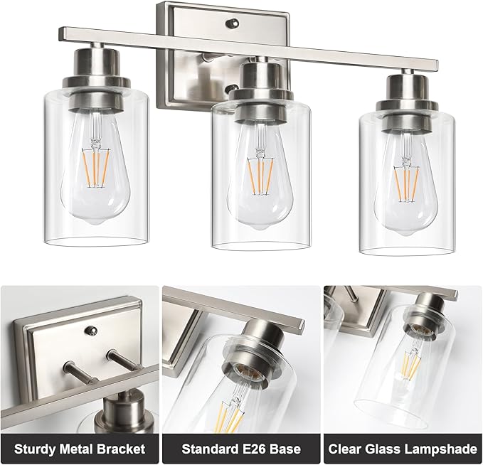 Unicozin 3 Light Bathroom Light Fixtures, Modern Vanity Lights Over Mirror, Brushed Nickel Wall Lamp with Clear Glass for Living Room Cabinet Bedroom Porch