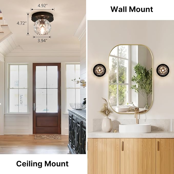 Crystal Small Chandelier Light Fixture: K9 Crystals Brass Semi Flush Mount Ceiling Lights - Black Globe Wall Sconce - Modern Mini Chandeliers for Bedroom Hallway Bathroom Living Room Entrance Closet