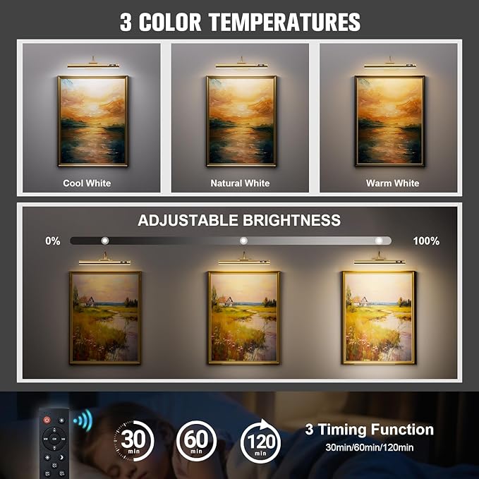 15.7'' Picture Lights for Wall with Motion Sensor, 9000mAh Rechargeable Battery Operated Poster Lights for Paintings, Portraits, Wall Decor, Gold(2pcs)