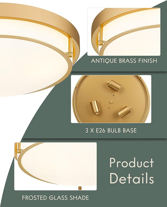 16" Flush Mount Ceiling Light, Farmhouse Style, Frosted Glass Shade,Brass Gold, for Living Room, Bedroom, Dining – CKCL4822-3W-BB