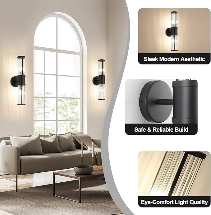 19.69" Modern Bathroom Wall Sconce Light Fixture, Black Glass Rod Vanity Light with E12 Base, Up or Down Mounting for Mirror Makeup Lighting (Bulbs Not Included)
