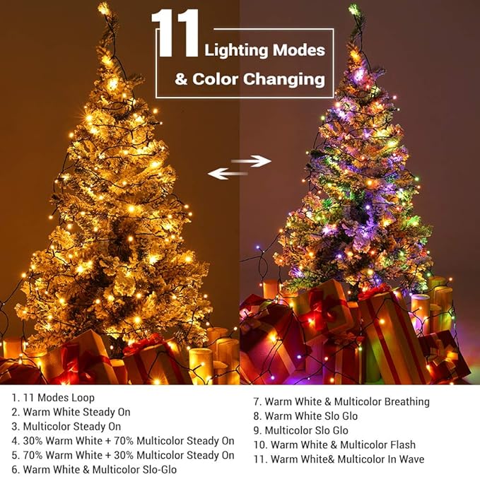Brizled Christmas Lights, 65.67ft 200 LED Color Changing Tree Lights 11-Function Warm White & Multicolored Christmas Lights Remote, Connectable Mini Lights Set Decorative Lights String for Xmas Party