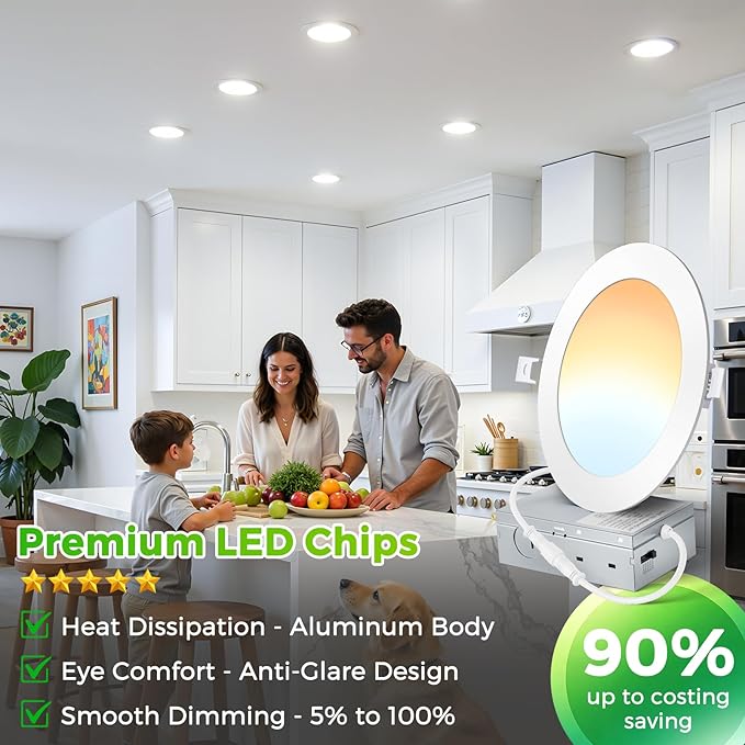 MAXvolador 6 Pack 6 Inch LED Recessed Ceiling Light with Junction Box 1200LM High Brightness, 2700K-6000K 5CCT Dimmable, 12W Ultra-Thin Canless Wafer Downlight