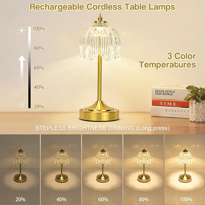 Cordless Lotus Flower Table Lamp, 5200mAh Rechargeable Battery Operated Portable Lamp, 3-Color Dimmable Touch Control Small Desk Lamp for Bedroom, Office, Kitchen, Nightstand,Room Decor (Flower Clear)