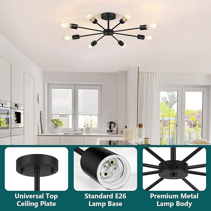 Lomoky 8-Lights Semi Flush Mount Ceiling Light, Matte Black Hallway Ceiling Lighting with E26 Base, Modern Sputnik Light Fixtures for Kitchen Dining Room Bedroom Living Room