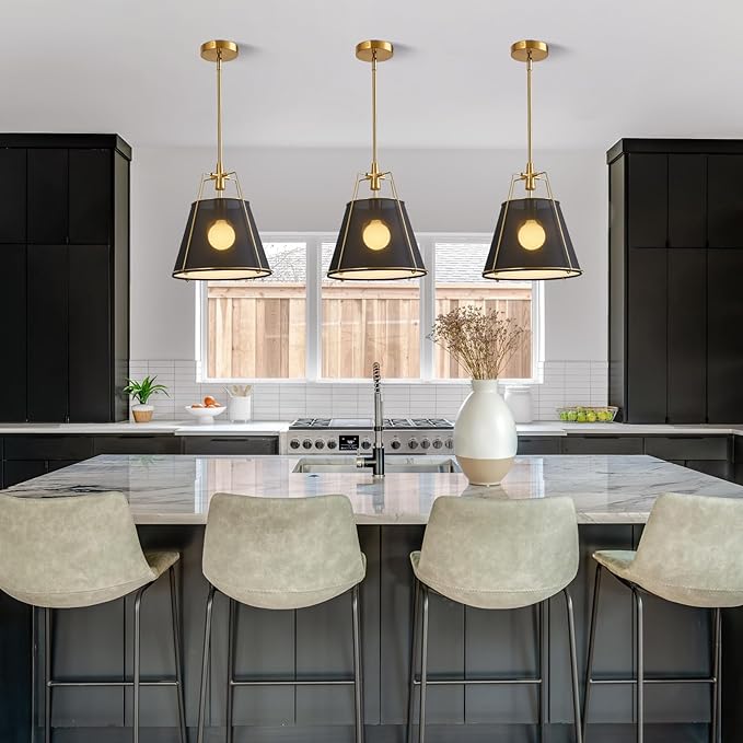 Modern Pendant Light Fixtures with 13" Black Linen Fabric Shade, Adjustable Hanging Light Fixture,Drum Gold Vintage Chandelier for Kitchen Island Bedroom Dining Room Foyer Entryway