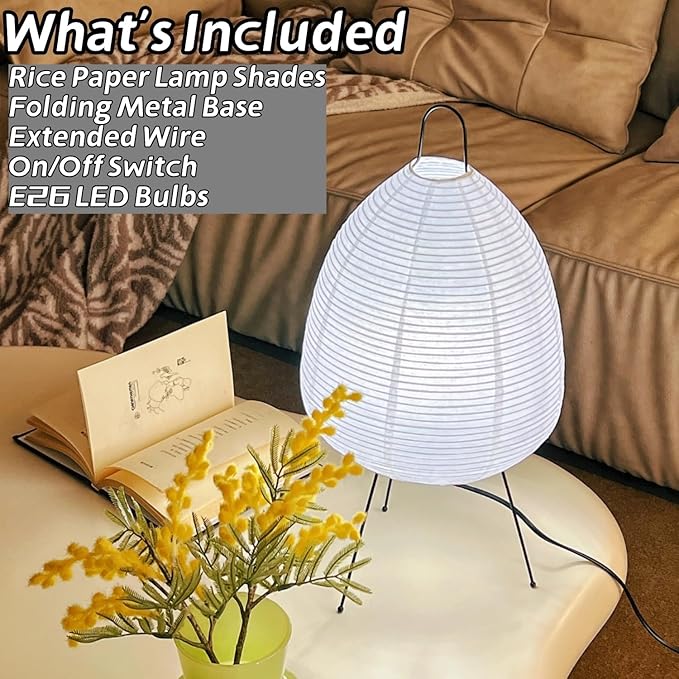 Rice Paper Lamp, Japanese Paper Lantern for Bedroom/Table/Office Soft Light, Noguchi Lamp for Wabi-Sabi Decor, Paper Table Lamp with Bulb