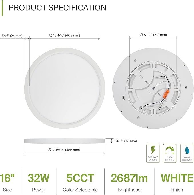 ASD LED 18" Round Flush Mount Ceiling Light Fixture, Low Profile Surface Lighting | 5CCT, Dimmable, Ultra-Thin, ETL Listed | 32W 2600LM 2700-6000K 100-277V | Kitchen, Hallway Lamp | White, 4 Pack