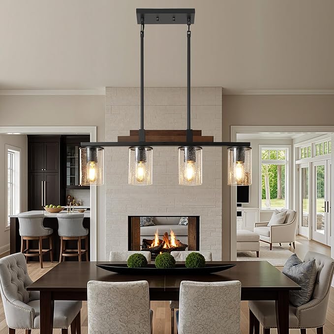 Farmhouse Wood Kitchen Island Lighting, 4-Light Adjustable Chandelier for Dining Room, Seeded Glass Shade Dining Room Light Fixture Over Table, Black Hanging Pendant Lights for Kitchen, Pool Table