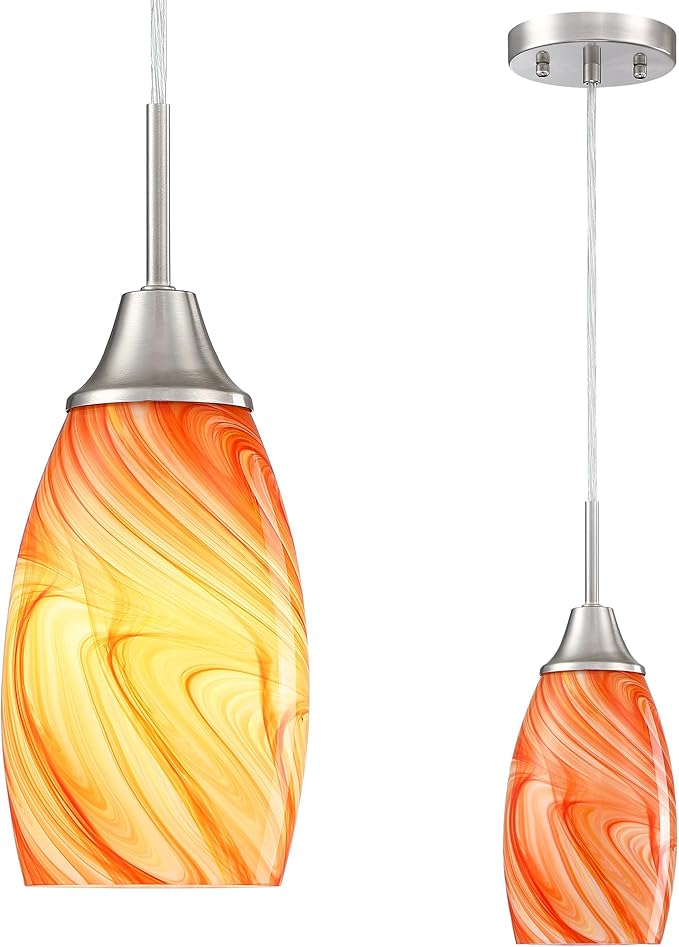 Viinew Mini Glass Pendant Light 4.72" with Handblown Orange Marble Art Glass Hanging Light 1-Pack Oval Ceiling Hanging Light Fixture for Dining Room Kitchen Island Cafe Foyer Hallway