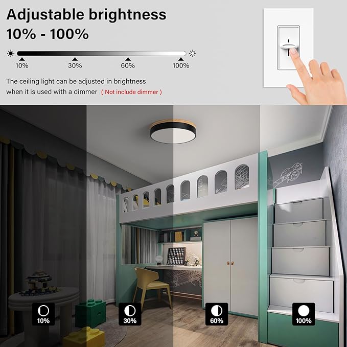 WOKNOS Modern Wood Oak Black Flush Mount Ceiling Light Dimmable LED Ceiling Light Fixture 2700K-6000K 5CCT Minimalist Circle Close to Lighting Lamp for Kitchen Bathroom Bedroom Laundry Room, 11.8''