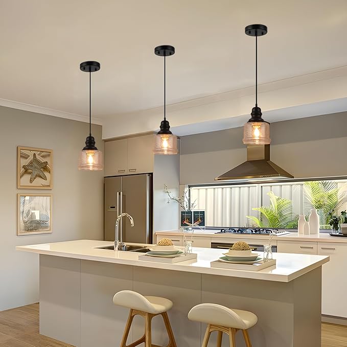 WILON Industrial Pendant Light, 4'' Black Seeded Glass, Farmhouse Kitchen Island Lighting, Adjustable Ceiling Light for Dining Room, E26 Bulb Base, Dimmable