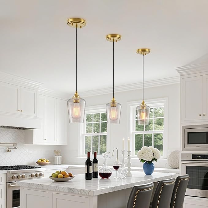 Ralbay Farmhouse Brushed Gold Pendant Light 3-Pack, Pendant Light Fixtures with Wine Clear Glass Shade, Kitchen Island Lighting for Dining Room, Rustic Adjustable Hanging Lighting Fixture