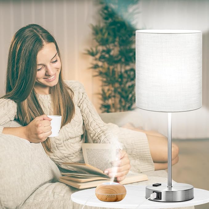 Set of 2 Grey Touch Control Table Lamps with 2 USB Ports & AC Outlet, 3-Way Dimmable Bedside Nightstand Lamps, Desk Lamp for Bedroom Living Room Nursery, 800 Lumens 5000K Daylight Bulbs Included