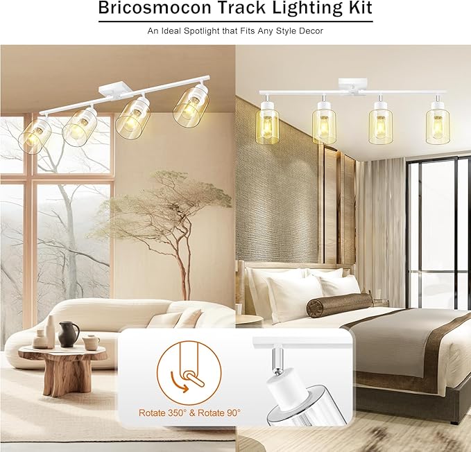 Track Lighting Fixtures Ceiling, 30" LED Track Lighting Kit Kitchen, 4-Light Ceiling Lights with Clear Glass Shade, White Modern Spotlight Light with Rotatable Head for Bathroom Vanity(E26, NO Bulb)