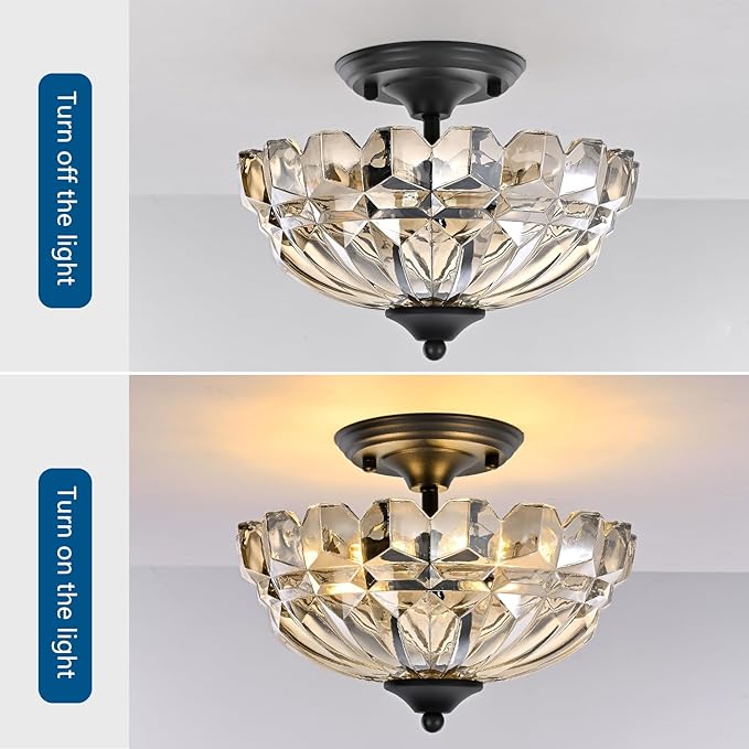 Semi Flush Mount Ceiling Light, 3-Light Kitchen Ceiling Lighting Fixtures with Cognac Glass Lampshade, Gold Modern Chandelier for Living Room Bedroom Hallway