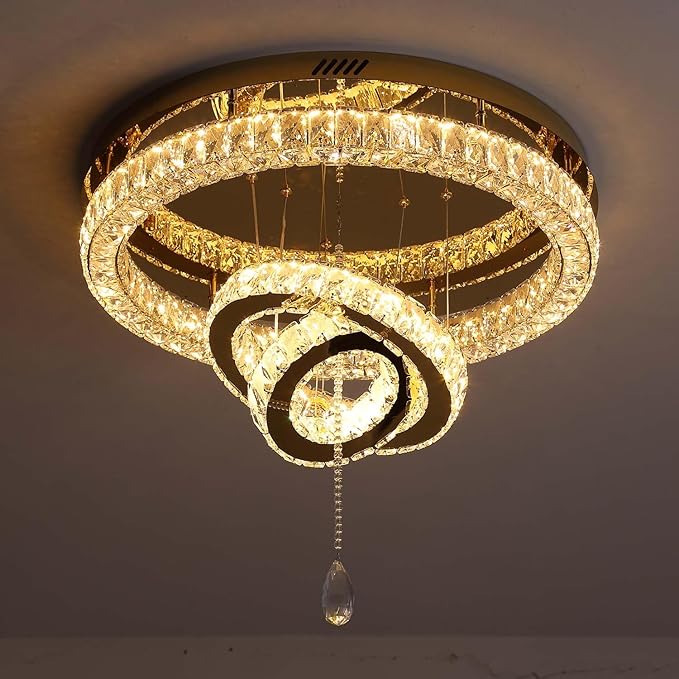 Flashing God Dia 32'' Modern Chandeliers for Living Room Crystal Flush Mount Ceiling Chandelier Large Chandeliers for Dining Room Bedroom LED Dimmable 3000-6000K Chrome