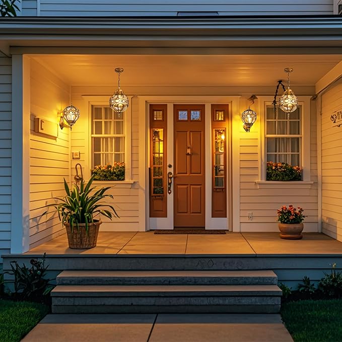 Dusk to Dawn Globe Outdoor Pendant Lights,Vintage Exterior Hanging Pendant Light Fixtures with Adjustable Chain, Aluminum Brass Outdoor Chandelier for Porch, Gazebo,with Sensor,Large