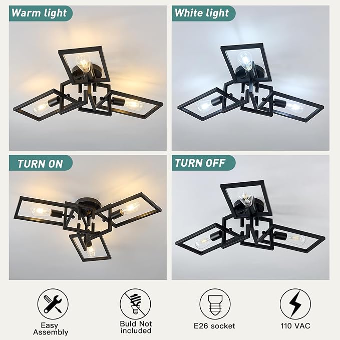 ZGLAOJT Black Industrial Flush Mount Ceiling Light 3-Light Kitchen Light Fixtures Modern Matte Sputnik Chandelier for Dining Room Bedroom Farmhouse Living Room